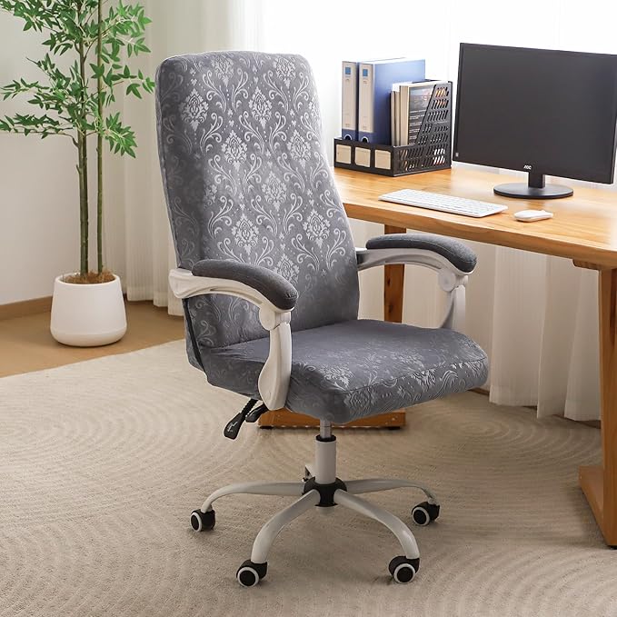 FORCHEER Large Office Chair Cover Velvet Embossing Dark Grey Stretch Slipcover for Desk Computer Chairs with Arm Removable Washable（ 1 Piece）