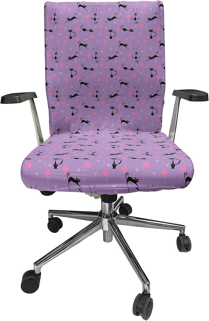 Ambesonne Cat Office Chair Cover, Funky Romantic Pattern with Little Hearts Funny Jumping Black Cat Characters, Stretchable Decorative Universal Size High Back Printed Slipcover, Lavender Black