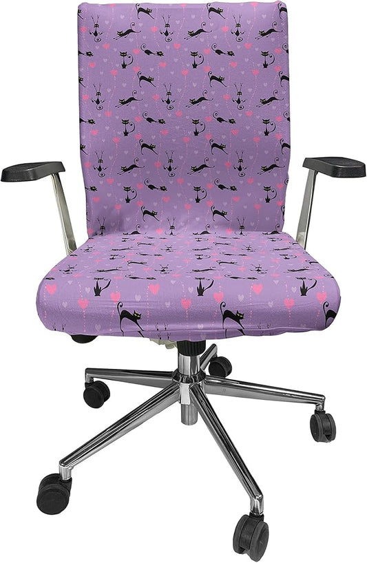 Ambesonne Cat Office Chair Cover, Funky Romantic Pattern with Little Hearts Funny Jumping Black Cat Characters, Stretchable Decorative Universal Size High Back Printed Slipcover, Lavender Black