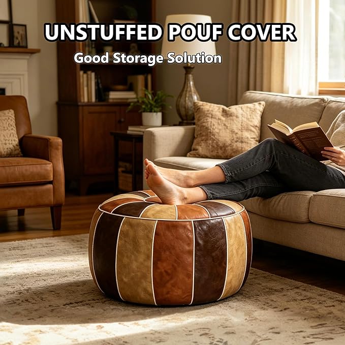 Thgonwid Unstuffed Moroccan Storage Pouf Foot Stool Ottoman Seat Handmade Faux Leather Bean Bag Floor Chair Foot Rest for Living Room, Bedroom or Balcony (Multi Color)