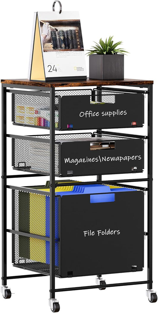 3-Drawer Storage Organizer, Under Desk Rolling File Cart with Lockable Wheels, Hanging File Folder Organizer for Letter Size, Utility Craft Cart Filing Cabinet for Home Office,Black