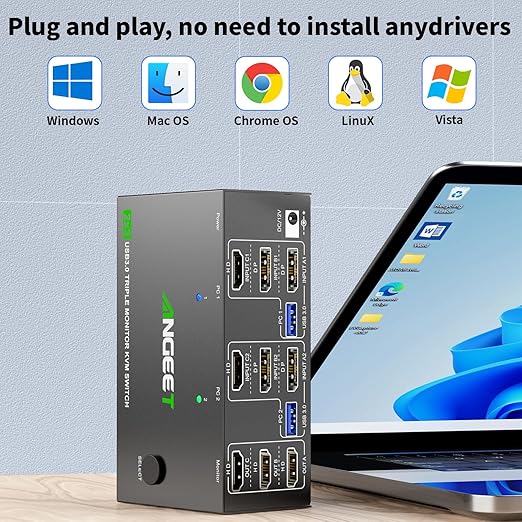 KVM Switch 3 Monitors 2 Computers 8K@60Hz 4K@144Hz, USB 3.0 Triple Monitor KVM Switch with 4 USB 3.0 Ports, 2*Displayport+1*HDMI in,3*HDMI Out,Wired Remote,Power Adapter and USB3.0 Cables Included