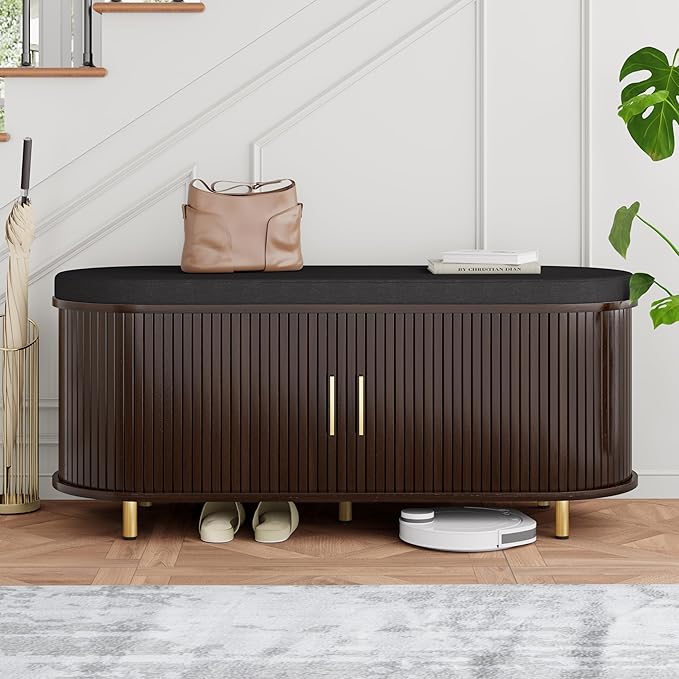 DHH 2-Tier Storage Bench,Wide Shoe Bench with Thickened Padded Seat Cushion, Mid Century Modern Fluted Sliding Door and Adjustable Shelf, for Entryway, Living Room, Bedroom (Dark Walnut, 43.3“)