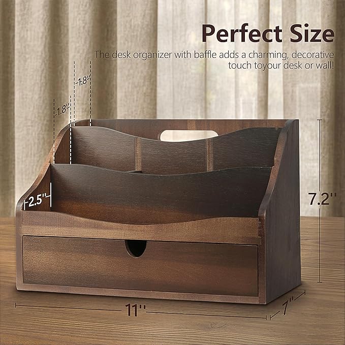 Rebee Vision Acacia Wood Mail Organizer for Desk – Retro Countertop Mail Holder with Dividers – 4-Slot Letter Sorter for Office Accessories – Desktop Organizer for Home Decor (Dark Acacia)