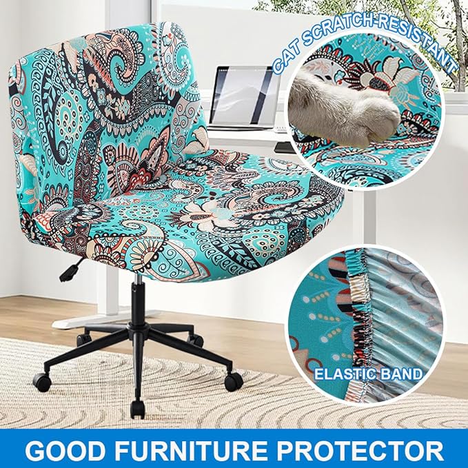 Levoberg Armless Criss Cross Office Desk Chair Cover Slipcovers Printed Vanity Desk Chair Covers Armless Cross Legged Wide Chair Covers Accent Mid Back Wide Swivel Task Chair Protector #2