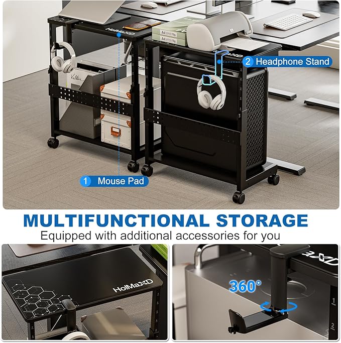 Height Adjustable Computer Tower Stand, 2-Tier ATX-Case CPU Holder with Mouse Pad & Headphone Stand, Mobile PC Standing Under Desk, Home Office Gaming Accessories, Computer Cart Wheels, Black