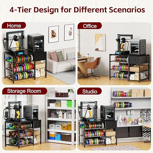 3D Printer Stand with Filament Storage Rack, Black 3D Printer Table with Power Outlet, 3-Tier Filament Holder with Drawer, 3D Printer Filament Stand Organized for Office Workshop Studio