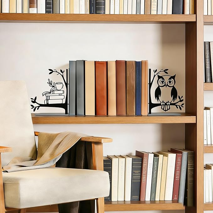 Owl Metal Bookends for Shelves, Vintage Black Owl Decorative Book Ends, Heavy Duty Rustproof Book Stoppers for Home Office & Study Desk, Ideal Gift for Owl Lovers & Book Lovers