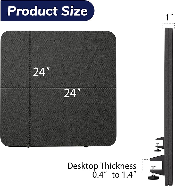 Desk Privacy Panel 24 x 24 Inch,Sound Absorbing & Proof Desk Divider for Office, Clamp-on/Screw-on Acoustic Desk Back Panel Partition, Dark Gray