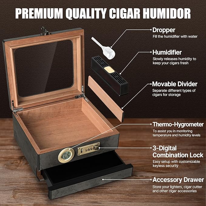 Tesonway Cigar Humidor,Cedar Wood Humidor Cigar Box,Glass Top Desktop Humidor with Digital Thermo-Hygrometer, Humidifier, Divider, Accessories Drawer and Combination Lock,Cigar Gift for Men