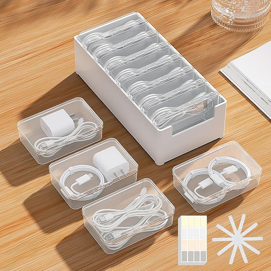 7 Case Cable Storage Box with Cable Straps and Label Stickers, Travel Cord Organizer for Charging Cables, USB Wires, Earphones – Drawer Organization for Home & Office (7 Cases + 7 Cable Straps)