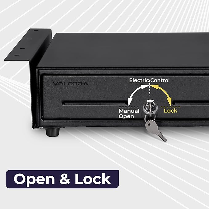 Volcora 13" Electronic Cash Register Drawer with Under Counter Mounting Metal Bracket - POS, 4 Bill 5 Coin Cash Tray, Removable Coin Compartment, 12-24V RJ11/RJ12 Key-Lock, Media Slot, Black