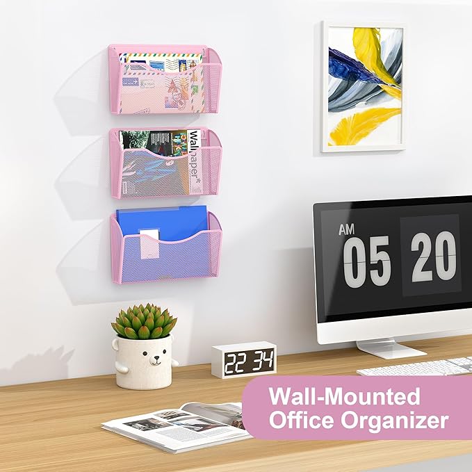 EasyPAG Wall File Organizer, Metal Mesh Hanging File Folder Holder for Letter/A4 Size Folders, Vertical Wall Mount Mail Sorter for Office Paperwork, Classroom, Pink