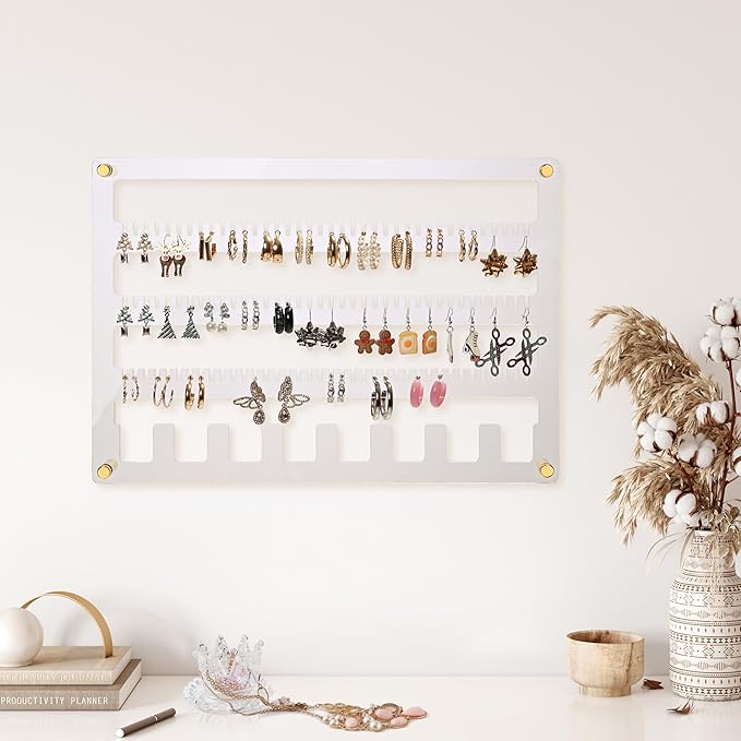 Earring Holder Organizer, 4 Layer Wall Mounted Ear Stud Display Storage, Acrylic Large Capacity Jewelry Organizer Earring Display and Storage for Studs, Dangling, Necklace