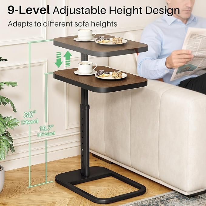 Kitstorack Adjustable Height C-Shaped End Table, 9-Level Side Table with Metal Rounded Edge, Couch Table that Slides Under Sofa or Bed, Eating, Working, and Drinks, TV Tray for Small Spaces, Espresso