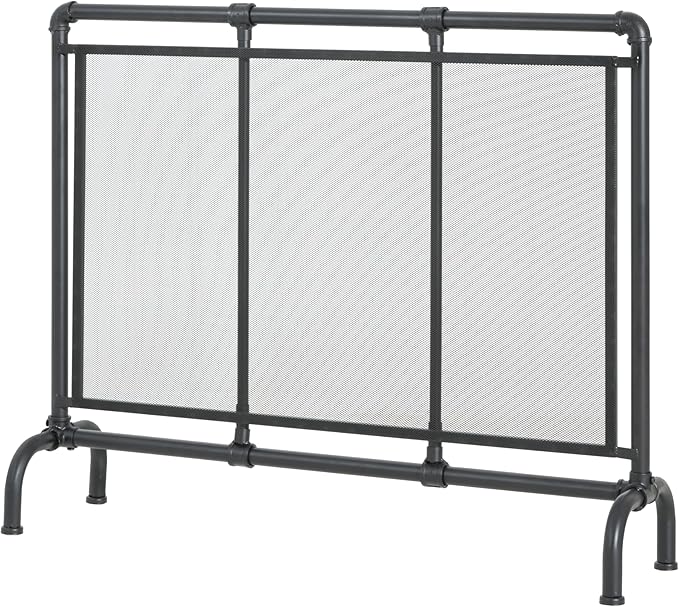 Christopher Knight Home Suho 1-Panel Iron Fireplace Screen, Durable Rectangular Fire Spark Guard with Wrought Metal Decorative Mesh, Heavy Duty with Water Pipe Design, 36" x 29", Black