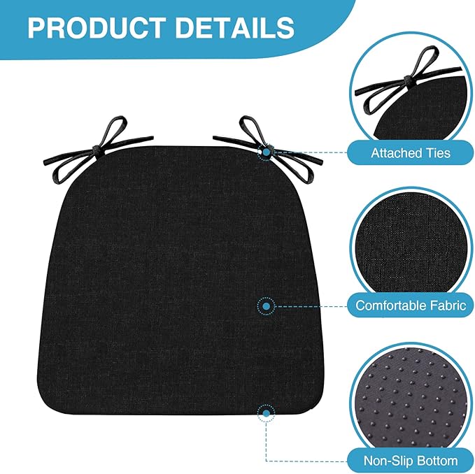 IASEAHK Chair Cushions for Dining Chairs Set of 4, Non Slip Kitchen Chair Pads, 17" x 16" x 2", Indoor Dining Chair Cushions with Ties, D-Shaped Seat Cushions for Kitchen Chairs, Black