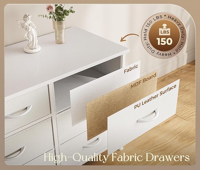 Huuger 77.6" Long Dresser for Bedroom, 16 Drawer Fabric Dresser for Closet, Wide Chest of Drawers with Storage, TV Stand for 65, 75, 85 Inch TV, 77.6" W x 12.9" D x 26.7" H, White
