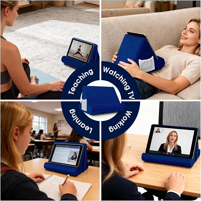 Multi-Angle Tablet Stand with Soft Pad Cushion and Net Pocket - Universal Phone and Pad Holder for Lap, Knee, Sofa and Bed (Navy Blue)