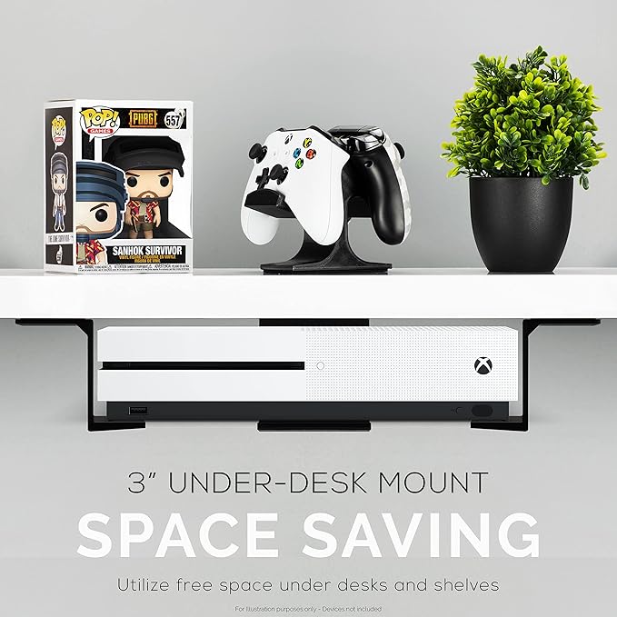 BRAINWAVZ 3” Under Desk Laptop & Device Holder Mount, Adhesive & Screw in, Devices Upto 3" - Small Computers Laptops MacBook Surface Keyboard Routers Modems Cable Box Network Switch & More (Black)