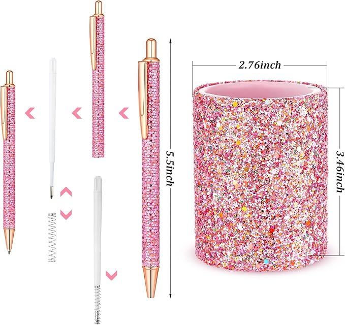 BBTO Bling Sequin Pen Holder with 6 Pcs Sequin Click Pens Cute Glitter Retractable Ballpoint Pens, Pencil Cups for Desk Organizer Makeup Brush Holder for Women Girls Classroom Offices(Pink)