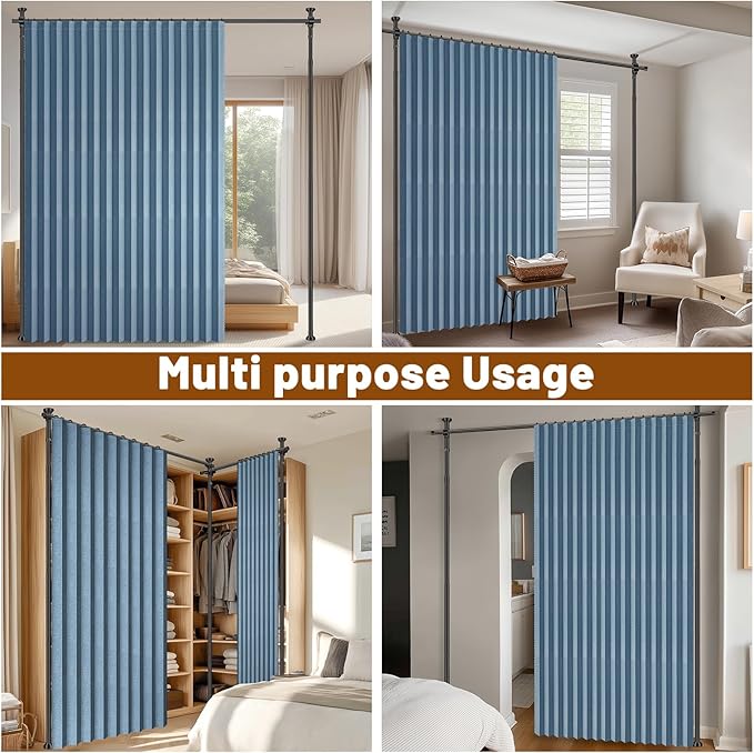 AJAZZ Room Divider Curtain (Blue, W100 x L96 in, 1 Panel)+ Tension Curtain Rod No Drilling (H) 43-120×(W) 35-100 in, for Privacy/Soundproof Curtains, Heavy Duty Wall Separator