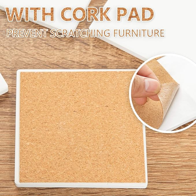 Ceramic Tiles for Crafts Coasters - 12Pcs Blank Unglazed White Tiles for Painting, Alcohol Ink, Acrylic Pouring - Make Your Own Coaster - Cork Backing Pads Included (4x4 Inch)