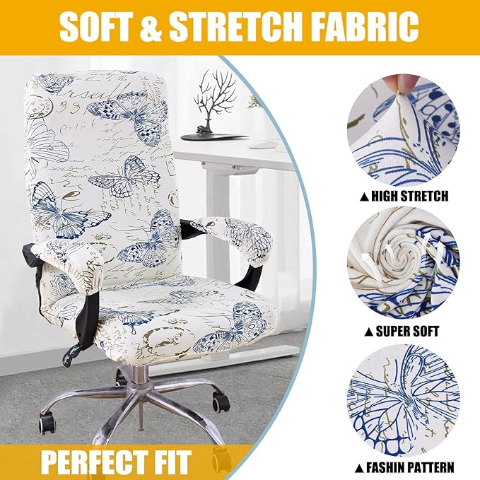 Smiry Stretch Printed Computer Office Chair Cover with Armrest Covers, Soft Fit Universal Removable Washable Desk Rotating Chair Slipcovers, Anti-Dust Spandex Protector with Zipper, White