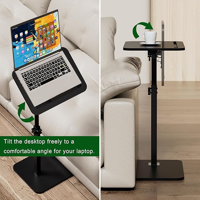 Black Side Tray Table for Couch - 360° Swivel Adjustable Height Rotating Sofa Table C Table End Table Laptop Desk with Phone & Tablet Slot, Perfect for Eating Working Reading, Fits Small Spaces