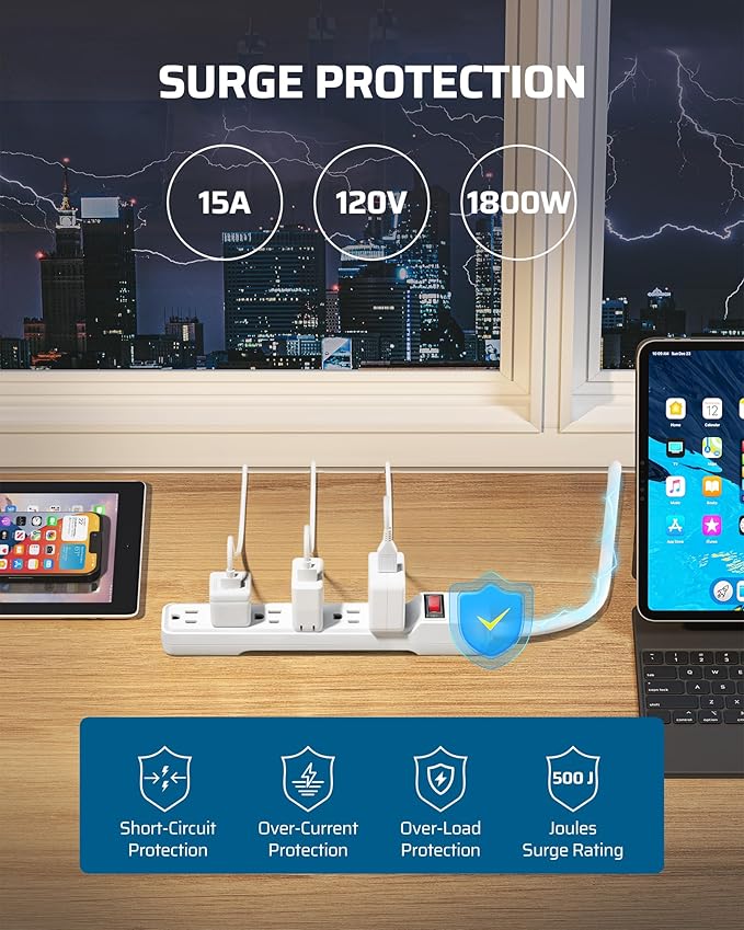 DEWENWILS 2-Pack 6-Outlet Power Strip Surge Protector with 6Ft Long Extension Cord, Low Profile Flat Plug, 15 Amp Circuit Breaker, 500 Joules, Wall Mount, White