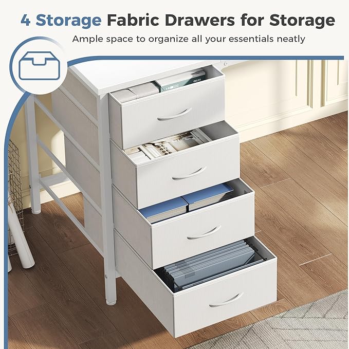 DUMOS Computer Desk with 4 Drawers,4 Drawer Gaming Desk with Power Outlets and LED Lights,Office Desk for Small Spaces with Monitor Shelf,Writing Desk for Home Office, Bedroom,Study 45 Inch White
