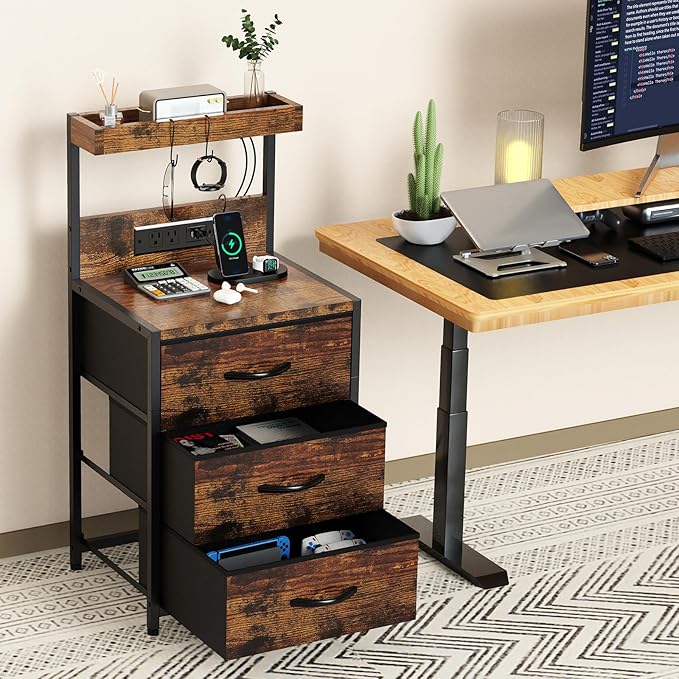 SZLHANJZ Night Stand, Nightstand with Charging Station and Led Lights, 3 Drawers Night Stand with Storage Shelf and Hooks, Tall End Side Table for Bedroom, Rustic Brown