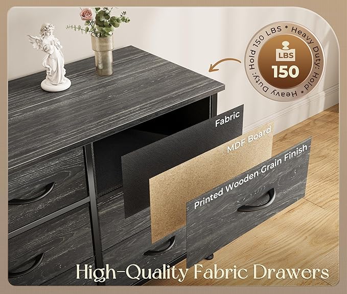 Huuger 77.6" Long Dresser for Bedroom, 16 Drawer Fabric Dresser for Closet, Wide Chest of Drawers with Storage, TV Stand for 65, 75, 85 Inch TV, 77.6" W x 12.9" D x 26.7" H, Charcoal Black