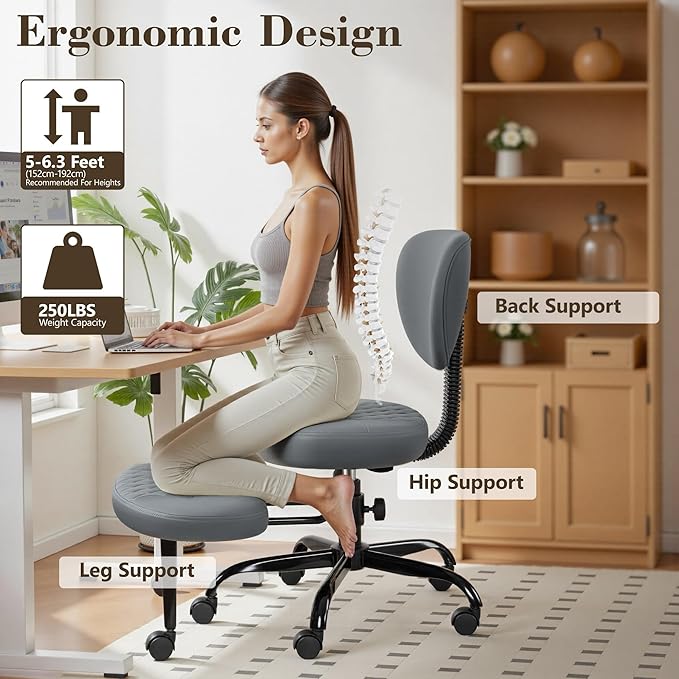 AtHope Ergonomic Cross Legged Office Chair with Wheels - Adjustable Height for Meditation, ADHD Desk & Yoga - Wide Criss Cross Design with Lumbar Support, Kneeling Chair - Dark Gray