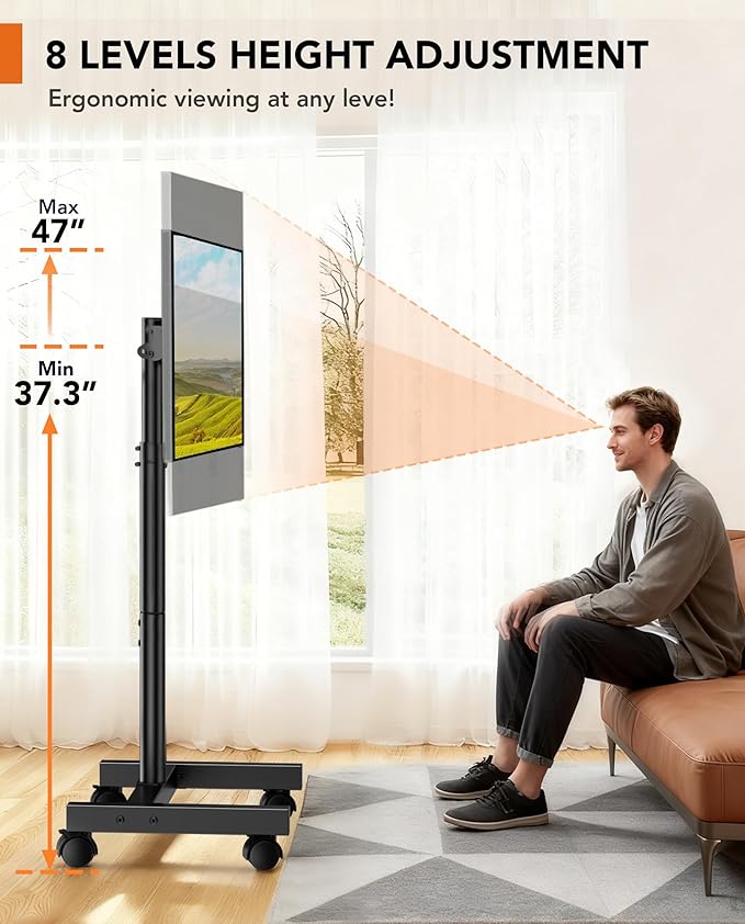 Mobile TV Floor Stand for 13-50 inch LCD LED Flat/Curved Panel Screen TVs up to 44 lbs, Height Adjustable TV Stand Mount with VESA 200x200, Portable TV Stand with Tilt Function HT1007BM