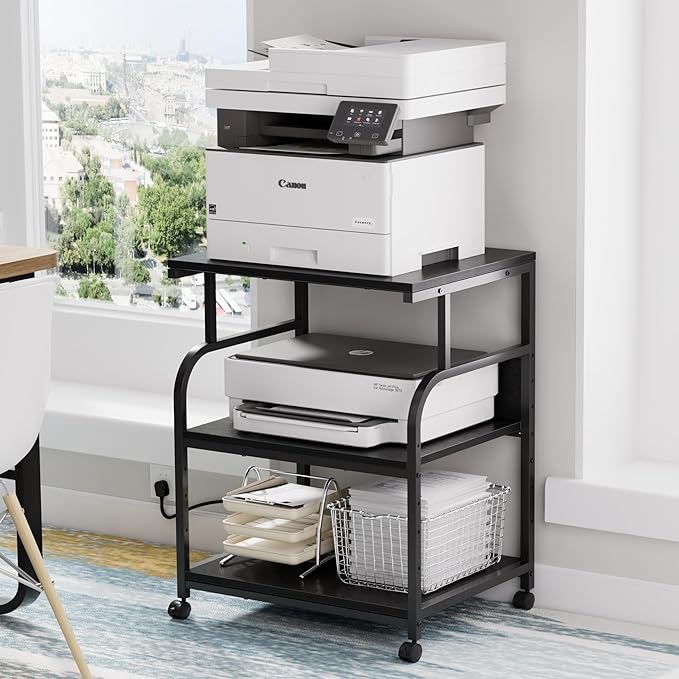 VECELO Adjustable Large Printer Stand with Power Outlet, 3-Tier Heavy Duty Cart on Lockable Wheels, Office Storage Table for Home Office, 3D Printer, Fax Machine, Scanner, Classic Black