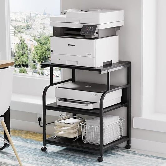 VECELO Adjustable Large Printer Stand with Power Outlet, 3-Tier Heavy Duty Cart on Lockable Wheels, Office Storage Table for Home Office, 3D Printer, Fax Machine, Scanner, Classic Black