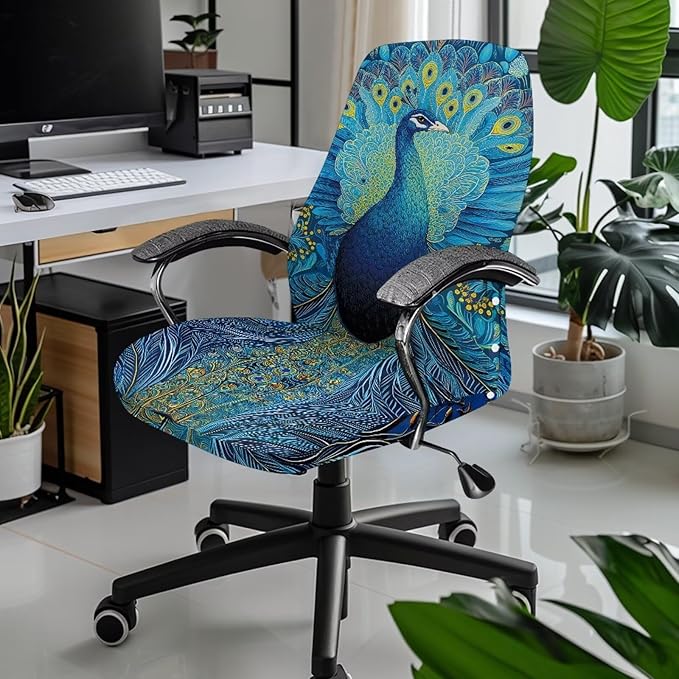 Talayituse Blue Peacock Print Office Chair Covers, Stretch Computer Chair Cover, Universal Boss Chair Covers Modern Simplism Style High Back Chair Slipcover, Small