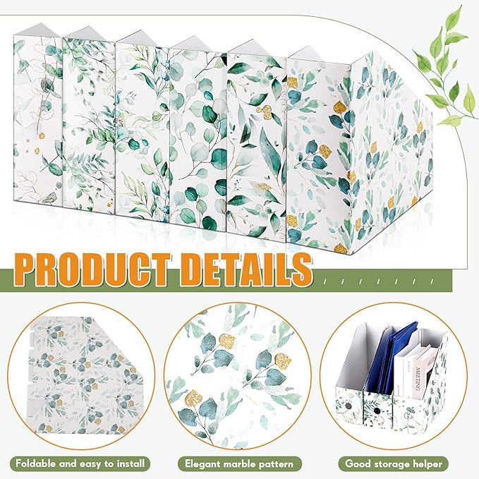 PerKoop 6 Pcs Decorative Magazine File Holders Floral Foldable File Folders Magazine Storage Boxes Rack Desk Organizer Documents with Printable Labels for School Office Home (Eucalyptus Leaves)