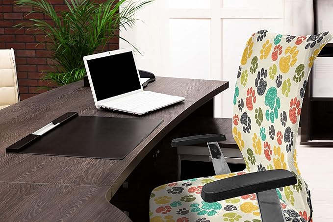 Ambesonne Dog Lover Office Chair Cover, Hand Drawn Paw Print Doodles Circular Pattern Drawing Style Animal, Stretchable Decorative Universal Size High Back Printed Slipcover, Charcoal Beige