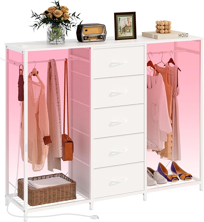 Espelism Dresser for Bedroom with Clothes Rack 5 Drawer Dresser with Charging Station LED Lights White Chest of Drawers Flexible Shelf and Open Storage Space for Bedroom Living Room (White)
