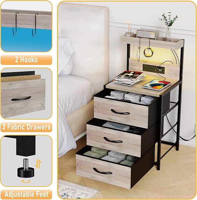 SZLHANJZ Night Stand Set 2 with LED Lights for Bedroom, Bedside Nightstands with Power Outlet and Type C Port, Matching Tables with 3 Fabric Drawers, Hooks, and Shelves, Greige