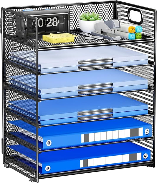 6-Tier Paper Organizer for Desk with Handle, Heavy Duty Metal File Organizer | Stackable Desktop Organizer for Office Supplies, Documents and Stationery Storage