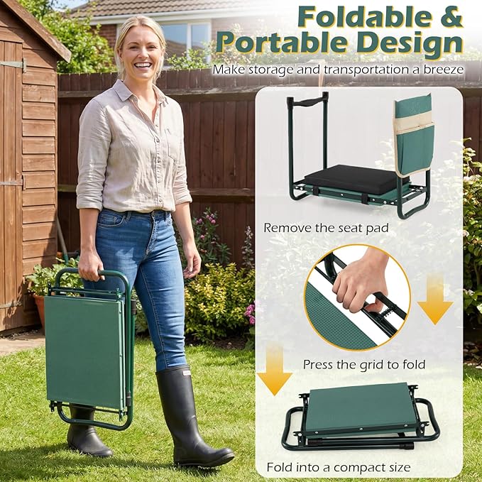 2-in-1 Garden Kneeler and Seat, Folding Garden Seat w/EVA Foam Kneeling Pad & Removable Tools Pouch, Sturdy Steel Frame, No Assembly, Portable Heavy Duty Garden Stool for Women Men Seniors