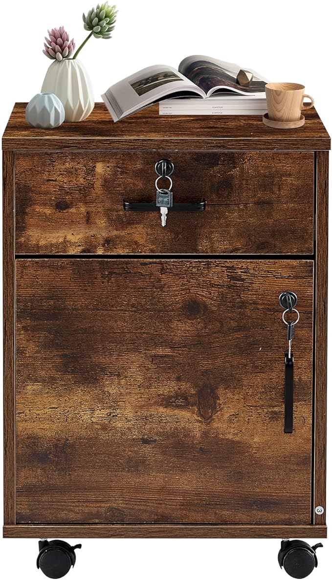 OFCASA 2 Drawer File Cabinet with Lock, Small Rolling Filing Cabinets for Home Office, Wood Under Desk File Cabinet with Wheels, Mobile Storage Organizer, Printer Stand for Letter/Legal, Rustic Brown