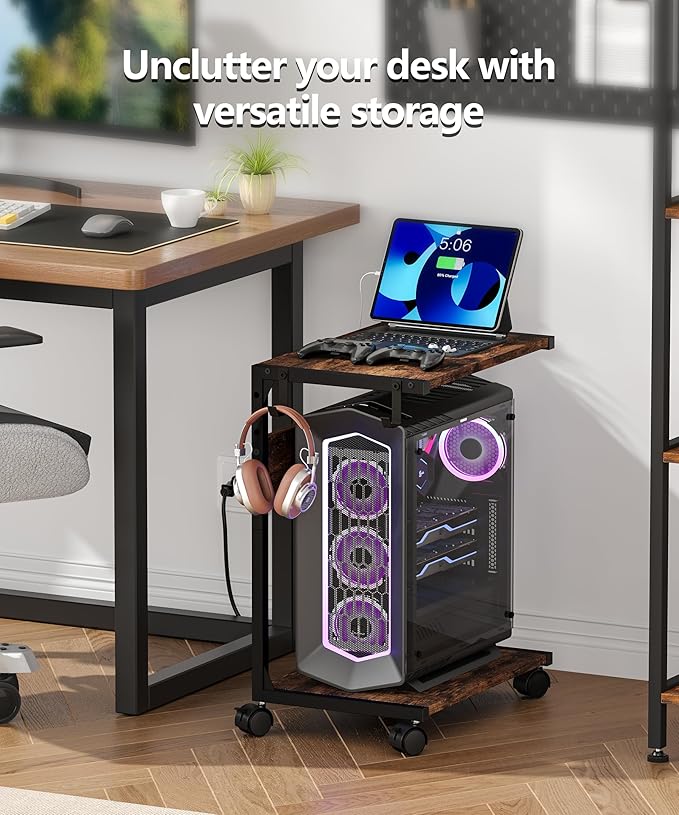 Akxomel 2 Tier Computer Tower Stand with Charging Station, 11.8" D x 16.5" W Rolling Floor PC Tower Stand Fits Under Desk, CPU Holder Cart for Carpet with Hooks, C Shaped End Table for Home Office