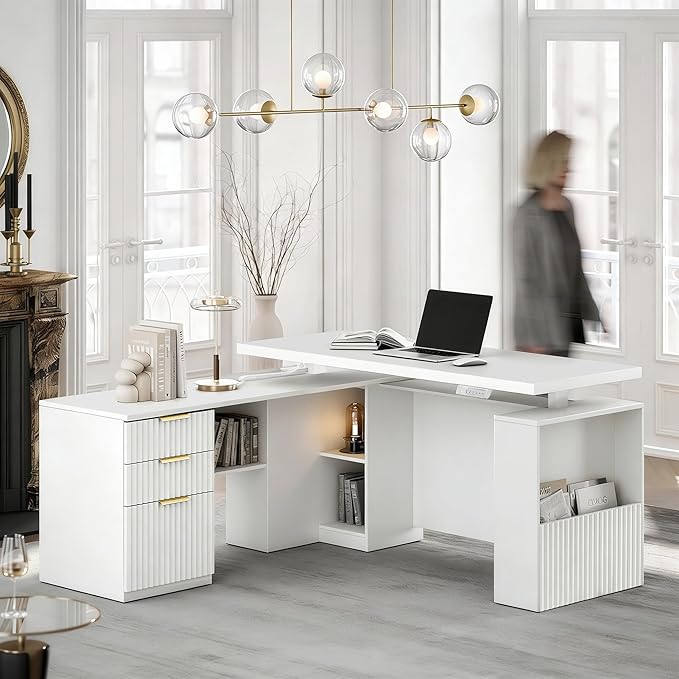 63 Inches L Shaped Electric Standing Desk, Height Adjustable Executive Desk with Drawers and File Cabinet, AC/USB, 1.18" Desktop and Privacy Panel for Home Office, White