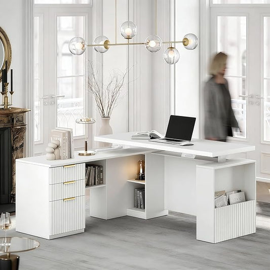 63 Inches L Shaped Electric Standing Desk, Height Adjustable Executive Desk with Drawers and File Cabinet, AC/USB, 1.18" Desktop and Privacy Panel for Home Office, White