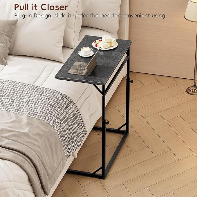 Vagusicc C Shaped End Table for Couch, 33.5''Tall C-Table End Table Adjustable Height Side Tables, Large Surface Sofa Tables TV Tray, Slide Under Couch Tables for Sofa, Living Room,Bedroom,Gray Walnut
