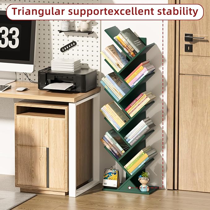 SHEEPAM 10 Tier Tree Book Shelf, Floor Standing Wood Bookshelf for Narrow Space, Storage Organizer Bookshelves for Books/CDs/Magazine, Bookcase with Shelves for Home Office, Living Room
